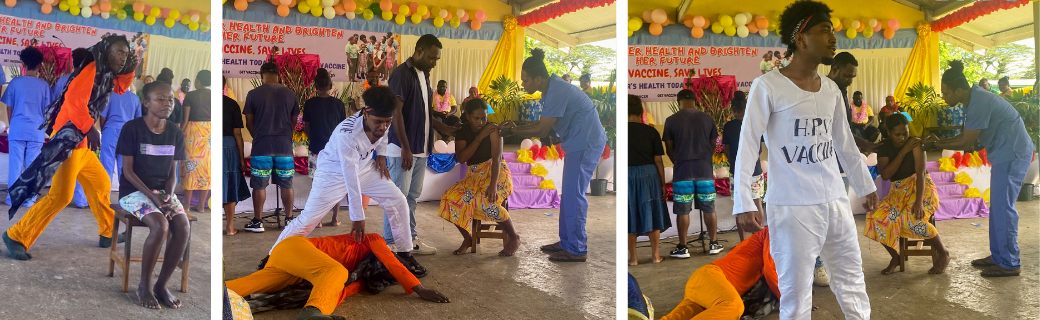 HPV vaccine (in white) defeats HPV virus (in orange) as a girl is immunised by a health worker. The NCIRS-supported pantomime at a rural school in Guadalcanal was part of the HPV Big Catch-up national campaign, launched by Solomon Islands Minister for Health, Dr Paul Basawi.